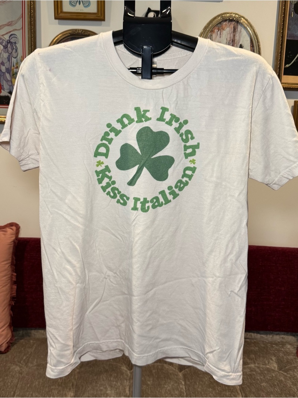Vintage “Drink Irish, Kiss Italian” White Tee with Green Shamrock Graphic